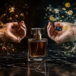 تصویر مفهومی از یک شیشه عطر لوکس و دو نفر که یک عطر یکسان را استفاده می‌کنند اما رایحه روی پوست هر کدام به شکل متفاوتی پخش می‌شود و تفاوت شیمی پوست را نشان می‌دهد.