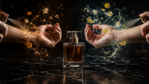 تصویر مفهومی از یک شیشه عطر لوکس و دو نفر که یک عطر یکسان را استفاده می‌کنند اما رایحه روی پوست هر کدام به شکل متفاوتی پخش می‌شود و تفاوت شیمی پوست را نشان می‌دهد.